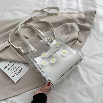 

Femal Mini Bucket Bags Flower Plastic Transparent Totes Leather Chain Bag Women Small Pure Color Handbags Bolsa Feminina 2020