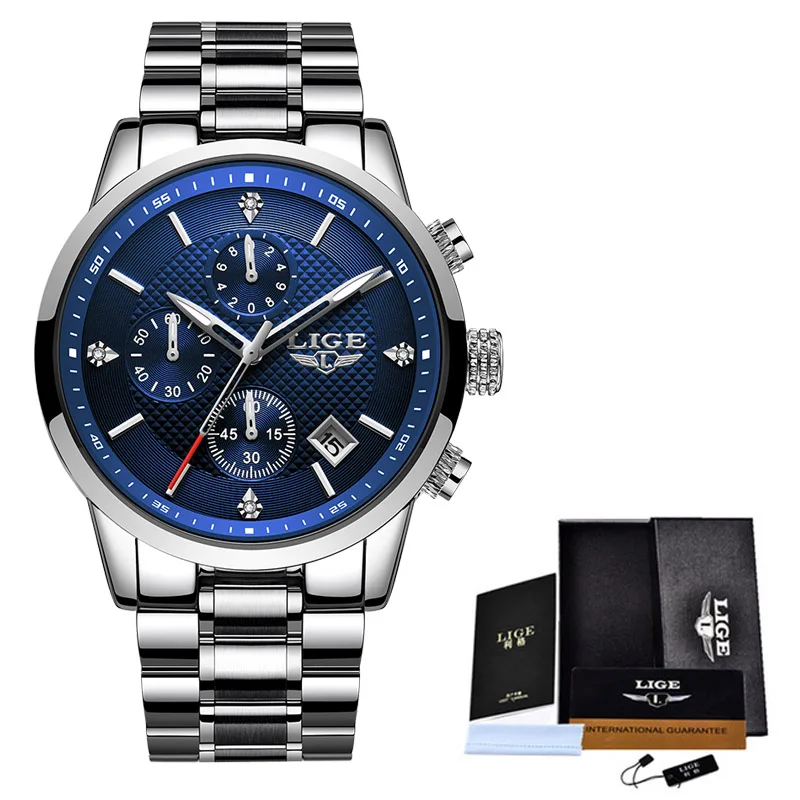 S Silver Blue LIGE мужские часы Топ люксовый бренд спортивные кварцевые часы мужские водонепроницаемые наручные часы с хронографом мужские часы из нержавеющей стали часы с датой - Цвет: S Silver Blue