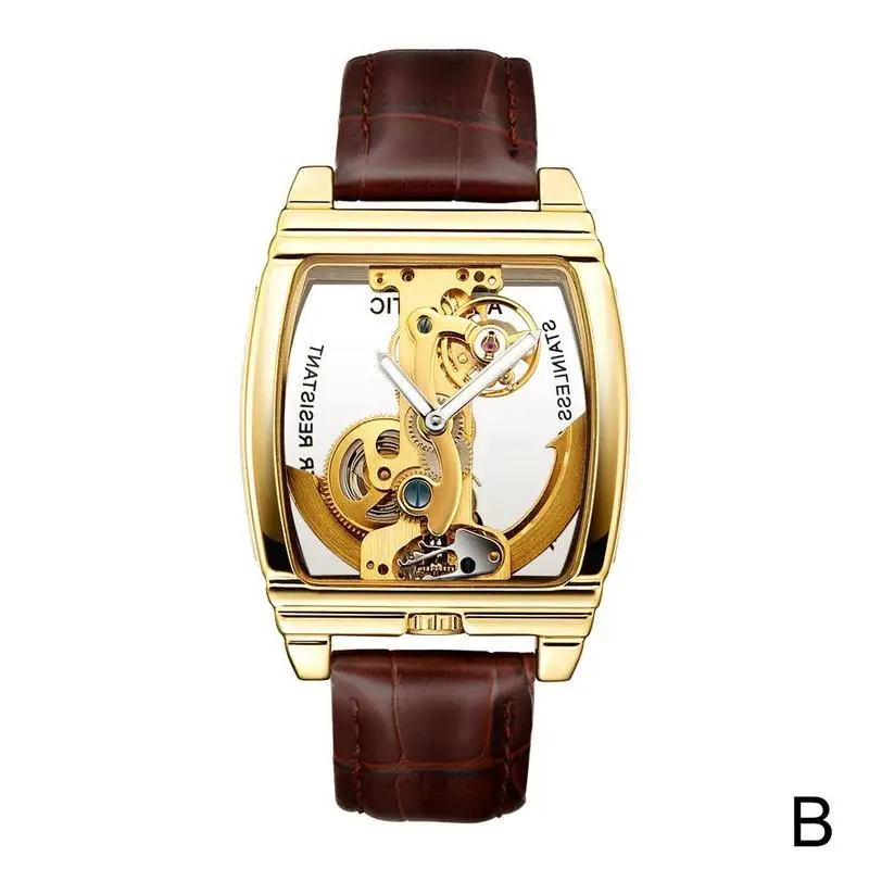 Мужские классические часы с мостом маховика роскошные механические часы с кожаным ремешком - Цвет: as the picture