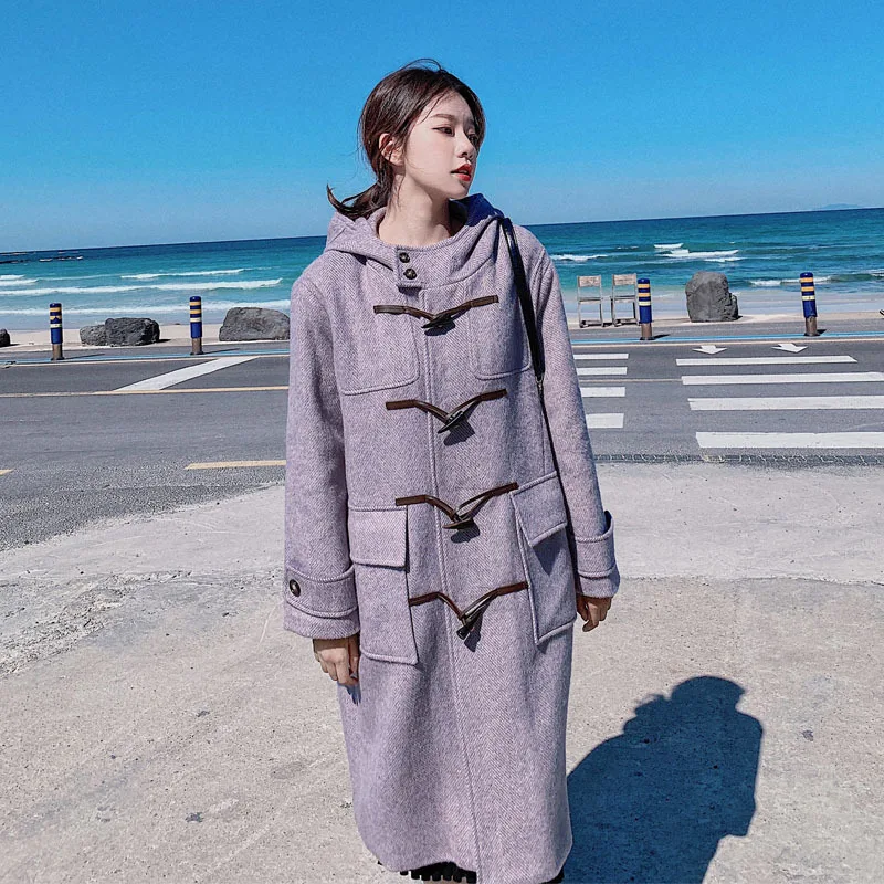 

Photo Shoot Toggle Coat Women's Mid-length Japanese-style Winter over-the-Knee Hooded Thick Short-height Vintage Woolen Coat