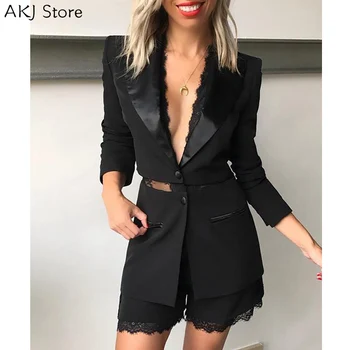 

Women Eyelash Lace Sheer Mesh Blazer Coat & Shorts Sets Casual Women Sets