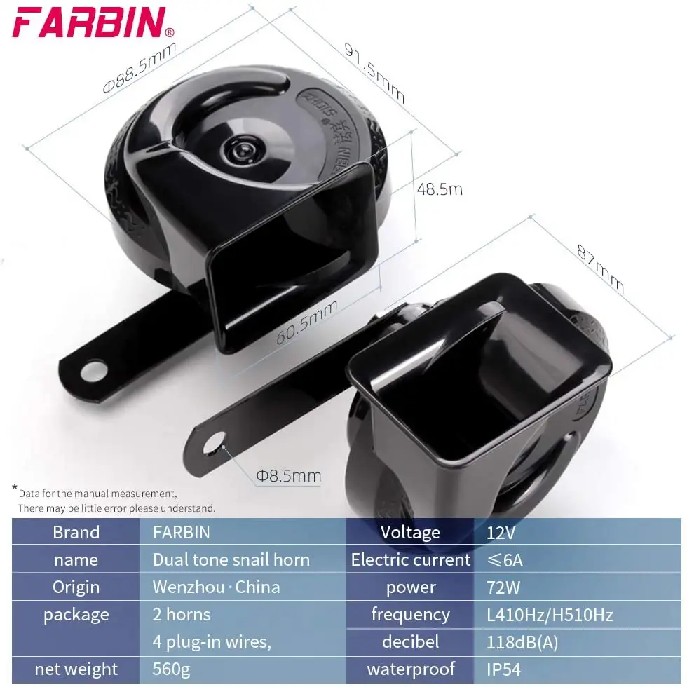 FARBIN Car Horn Loud 12v High/Low Tone Super Loud Horn Waterproof Electric for Truck Motorcycle Train Black/Blue/Red/Yellow car siren horn train horn waterproof horn motorcycle horn car air horn midrange horn