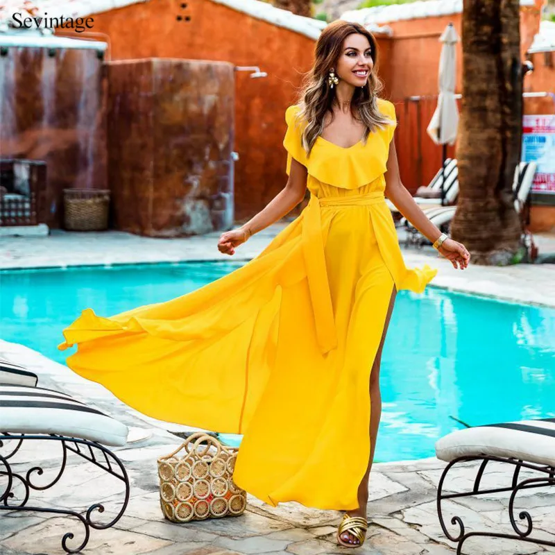 

Sevintage Chic V Neck Long Beach Prom Dresses Yellow Ruffles Chiffon Evening Gowns Slit Side Women Party Wear robe de soiree