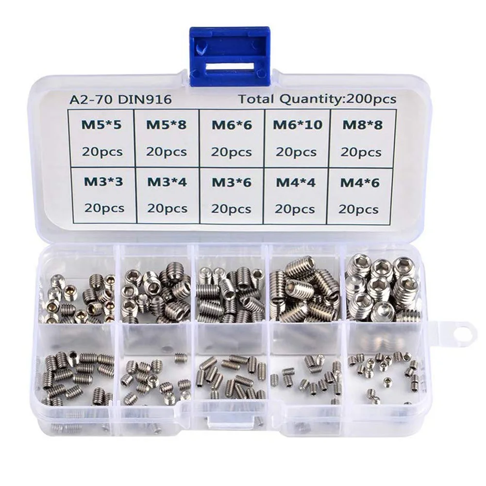 200 Pcs Woodworking Grub Screw Set Metric Thread Hardware Hex Socket Durable Home Allen Head Repair Tools Fixing Stainless Steel