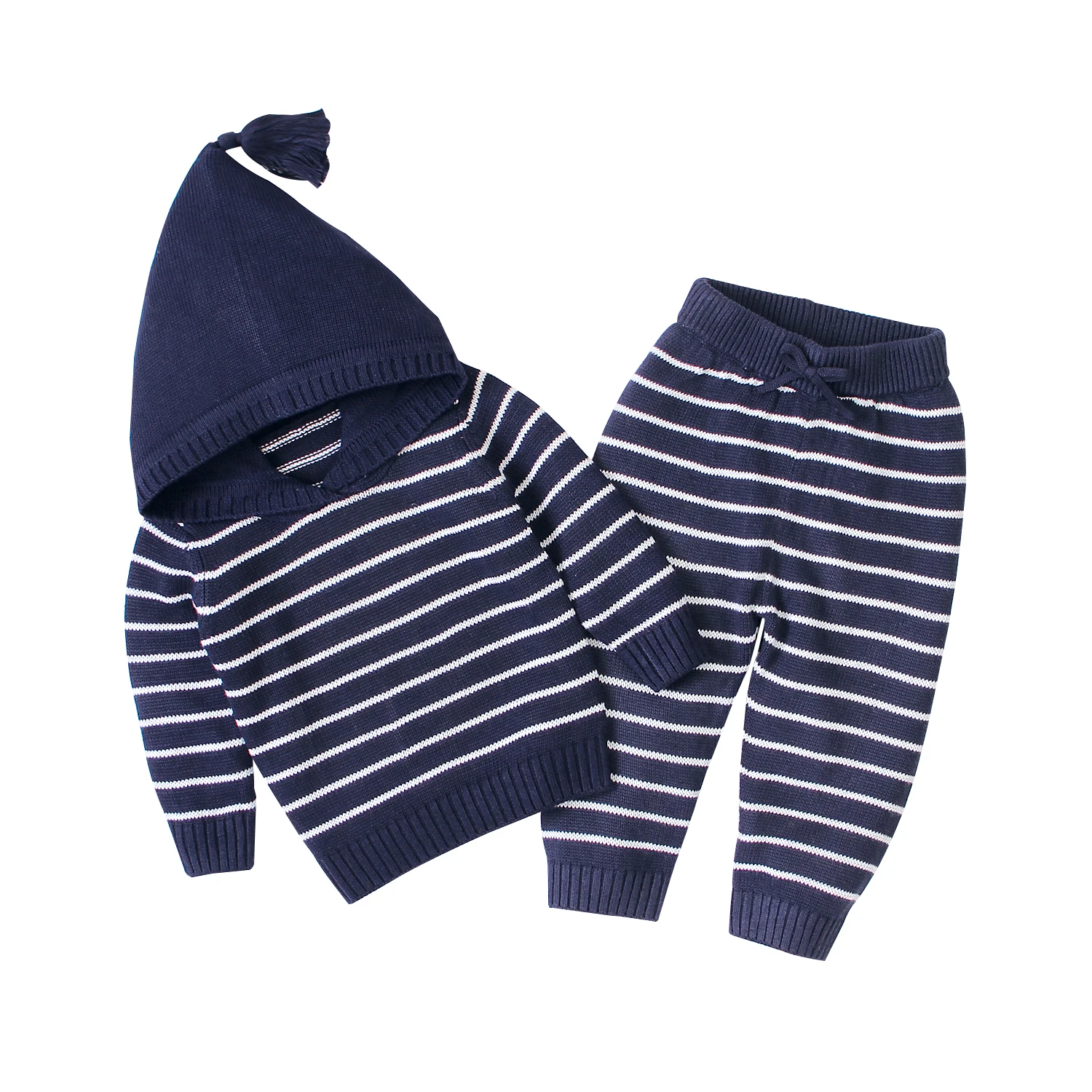 Комплекты в полоску из 2 предметов, вязаная одежда для маленьких мальчиков и девочек, осенне-зимние толстовки с капюшоном, джемпер, штаны на шнуровке, теплая одежда для 0-18 месяцев