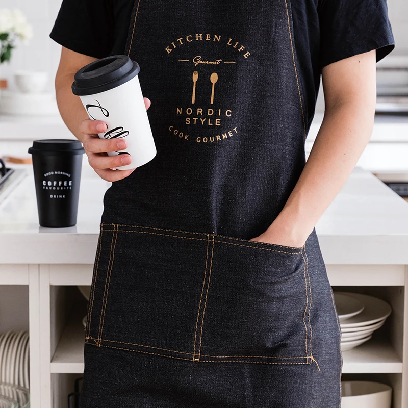 

Nordic style Bronzing Pattern Cotton denim Apron Adult Bibs Home Cooking Baking Coffee Shop work Aprons Kitchen aprons for woman
