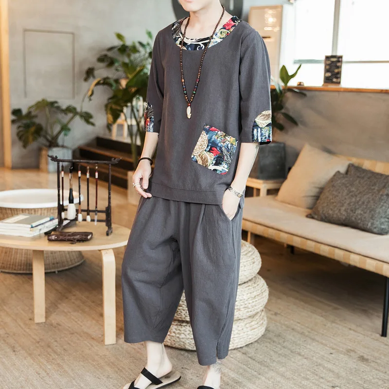 

2019 Summer New Style Contrast Color Joint Flax Youth Loose-Fit Set Capri Pants Short Sleeve T-shirt Tops Thin Casual