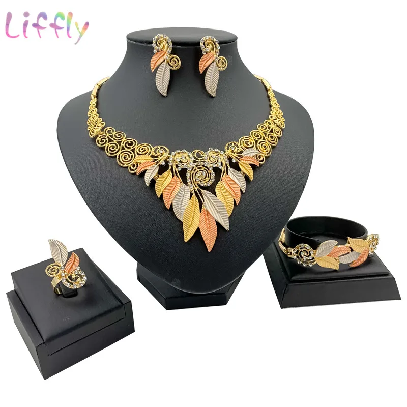 

Bohemian Jewelry Sets Beautiful Two-Color Leaf Large V-neck African Nigerian Female Wedding Necklace Earrings Ring Bracelet