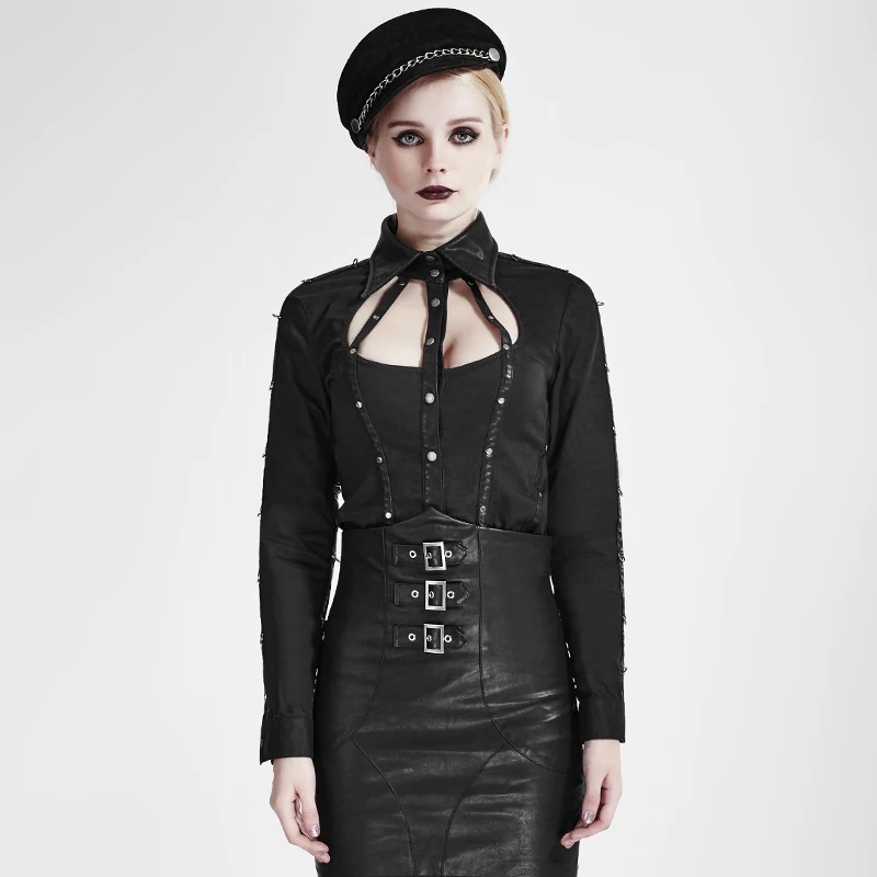 

PUNK RAVE Women's Punk Metal PU Leather Shirt Hollowed-Out Sexy Metal Handsome Long Sleeve Short T Shirt