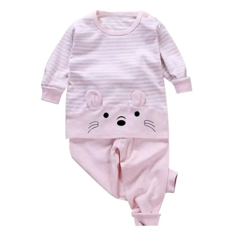 Pink A Комплект хлопковой одежды из 2 предметов для маленьких детей; Осенняя удобная мягкая рубашка в полоску с длинными рукавами и круглым воротником и брюки - Цвет: Pink A