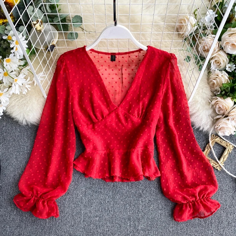 

Chic Chiffon Blouse Women's Korean V-neck Long Sleeve Short Swing Tops Lady Korean Fashion Clothing Shirts L324
