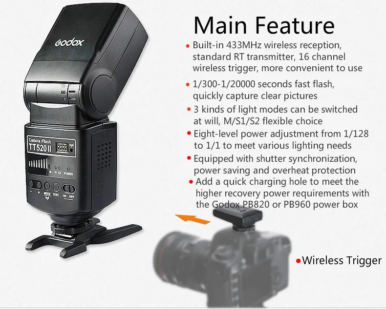 Вспышка для камеры Godox TT520II со встроенным беспроводным сигналом 433 МГц цифровых