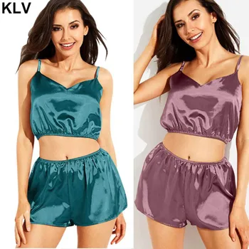 

Women Summer Imitation Silk 2Pcs Pajamas Set Sexy Sleeveless V-Neck Cami Crop Top Shorts Sleepwear Solid Color Nightwear