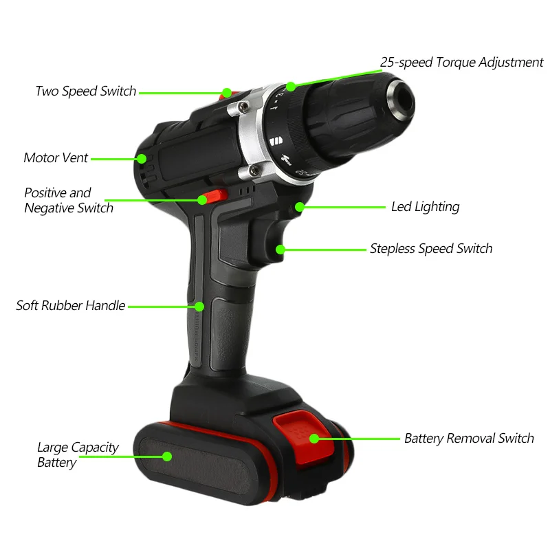 36V 5000mAh аккумуляторная электрическая дрель Перезаряжаемые Батарея двойной Скорость светодиодный отвертка 25-Скорость регулировки крутящего момента