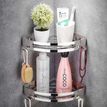 

Bathroom Shelves Wall Mounted Shelf 304 Stainless Steel Storage Corner Shelf Silver Kitchen Bathroom Organizer Holder with Hook