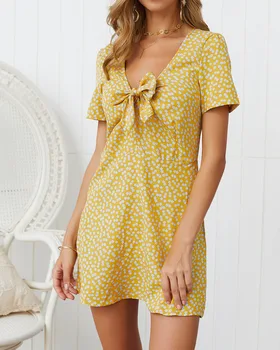 

Ladies High Waist Dot Printing Mini Dresses Vestidos Back Lacing Straps Backless Dress