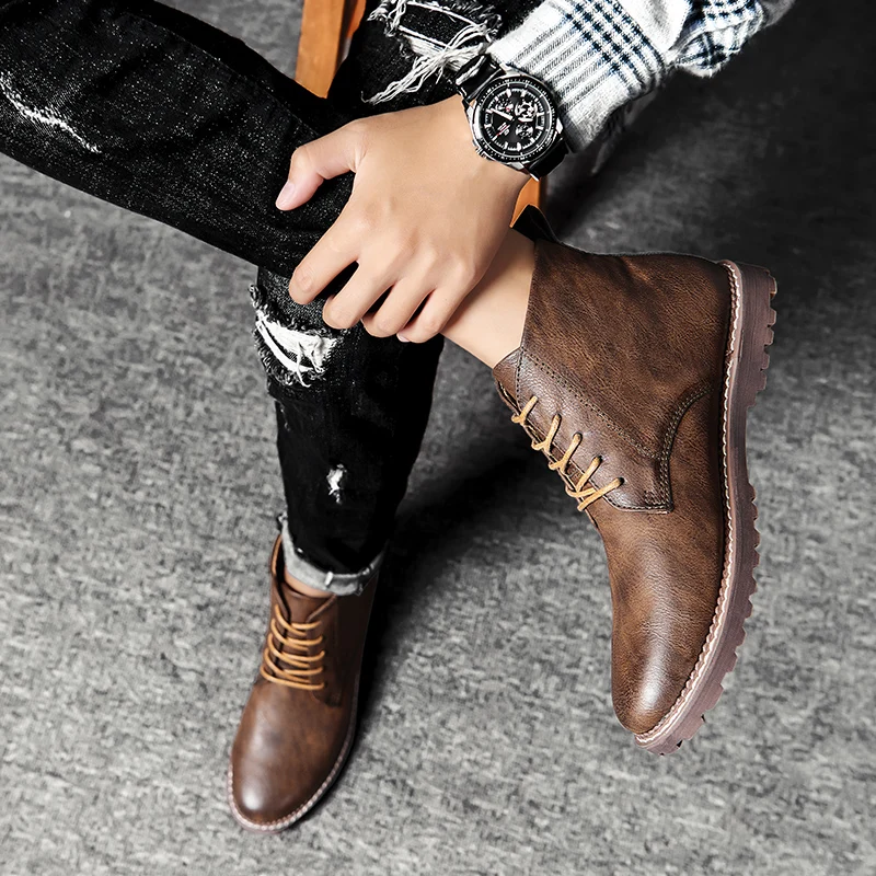 Брендовые зимние мужские ботинки; кожаные теплые мужские зимние ботинки; мужские ботинки на платформе; кроссовки; мужские рабочие ботинки в стиле ретро
