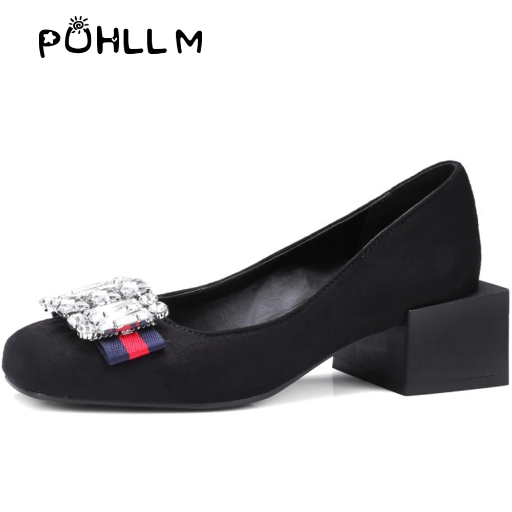 

2019 new retro rhinestone square with round head pumps shoes extra large code 40-48 yards code suede ladies shoesA44