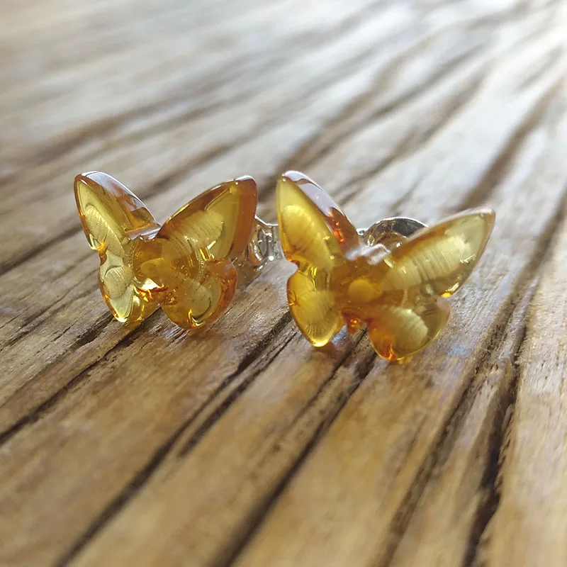 golden amber Yoowei, коньяк, янтарные серьги для женщин, девушек, натуральный, Балтики, янтарь, Бабочка, ювелирное изделие, S925 серебро, крошечные, подарок, серьги-гвоздики, ambar - Цвет камня: golden amber