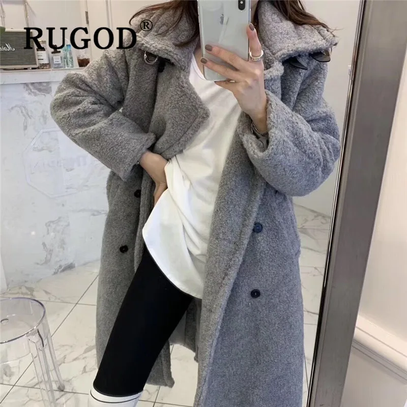 RUGOD, французский стиль, теплое пальто, Женская водолазка, толстая, двубортная, женское, длинное пальто, модное, элегантное, темпераментное, зимнее пальто