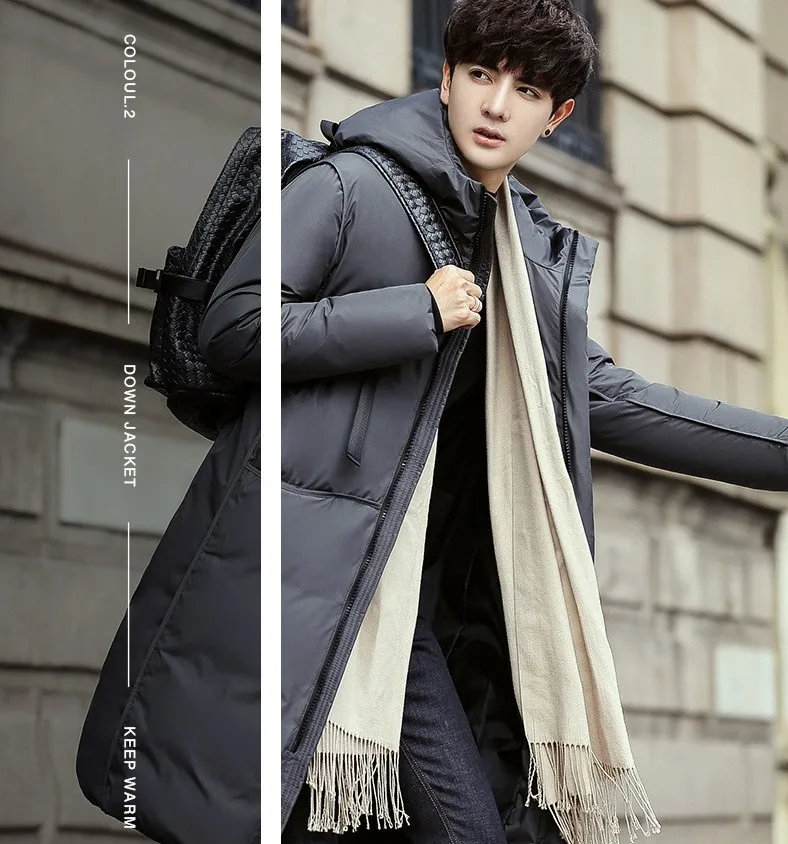 Black Gray Long Winter Down Jacket Men Thick Warm Hooded Loose Solid Outerwear Fashion Windproof Overcoat Mens Clothes YT50206