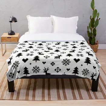 

Pixel Pattern Winter Forest Black and White Blanket Wool Flannel Plush Blanket Bedspread For office Sherpa Blanket Couch Quilt C