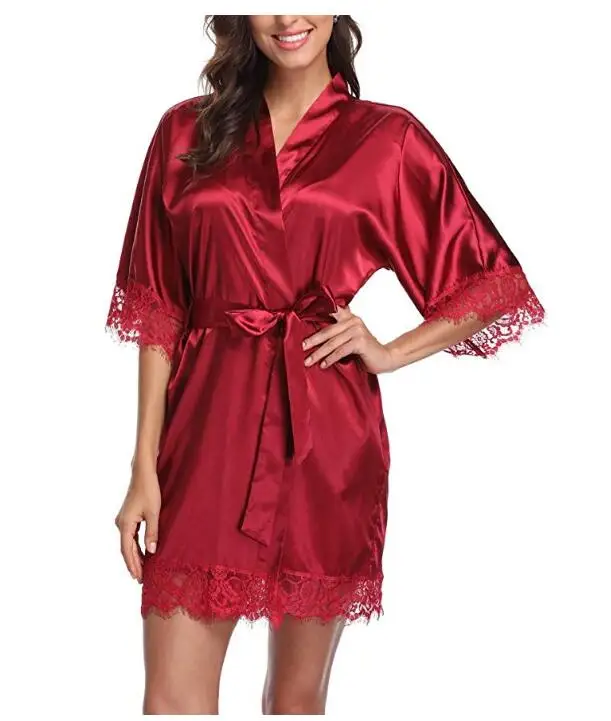 Hot White Women Silk Lace Robes Wedding Bridesmaid Bride Gown kimono Solid robe Sleepwear Nightgown Bridesmaid Robes size M-XL - Цвет: wine