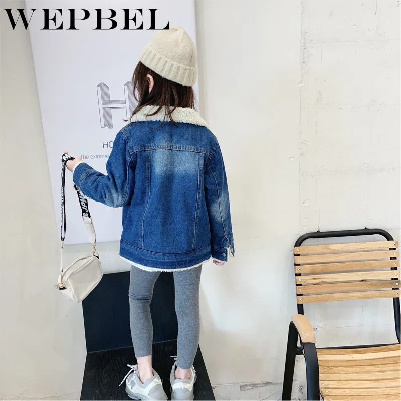 WEPBEL/куртка для девочек из овечьей шерсти, соединенный внакрой деним новая осенне-зимняя детская верхняя одежда детское плюшевое бархатное пальто для школьников