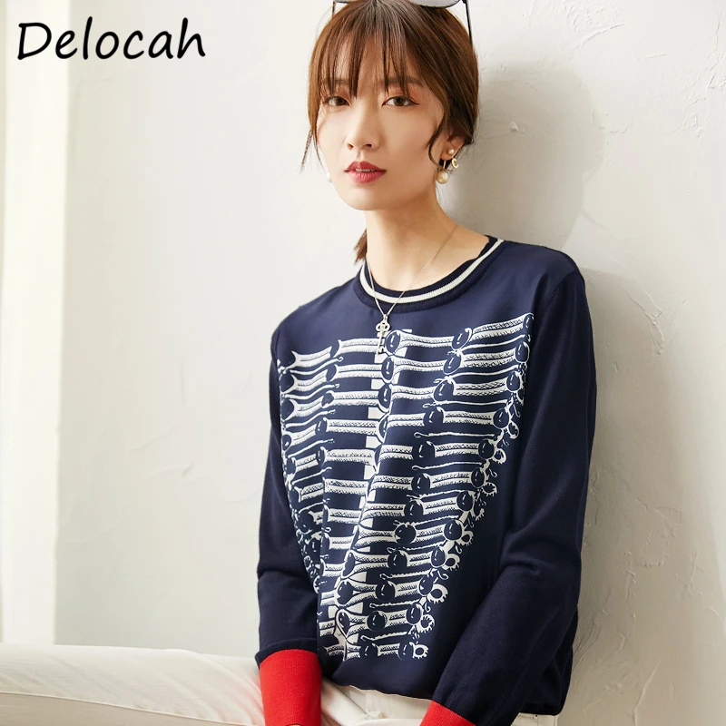 

Delocah Spring Summer Women Sweater Runway Fashion Designer Long Sleeve Vintage Printed Female Knitting Loose Silk Sweaters