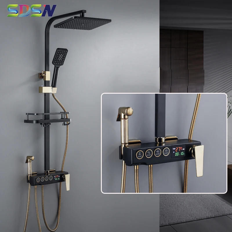 

Thermostatic Bathroom Shower Set Luxury Black Gold Hot Cold Bathroom Mixer Taps Rainfall Shower Head Digital Bath Shower Set