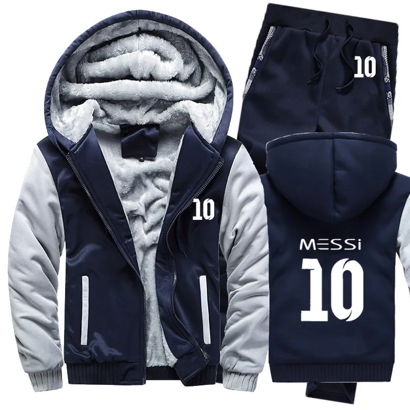 Мужские зимние толстовки с капюшоном Messi 10, мужские толстовки с принтом, костюм, плотный теплый флисовый хлопковый спортивный костюм на молнии, мужская куртка+ штаны, комплекты из 2 предметов - Цвет: 804