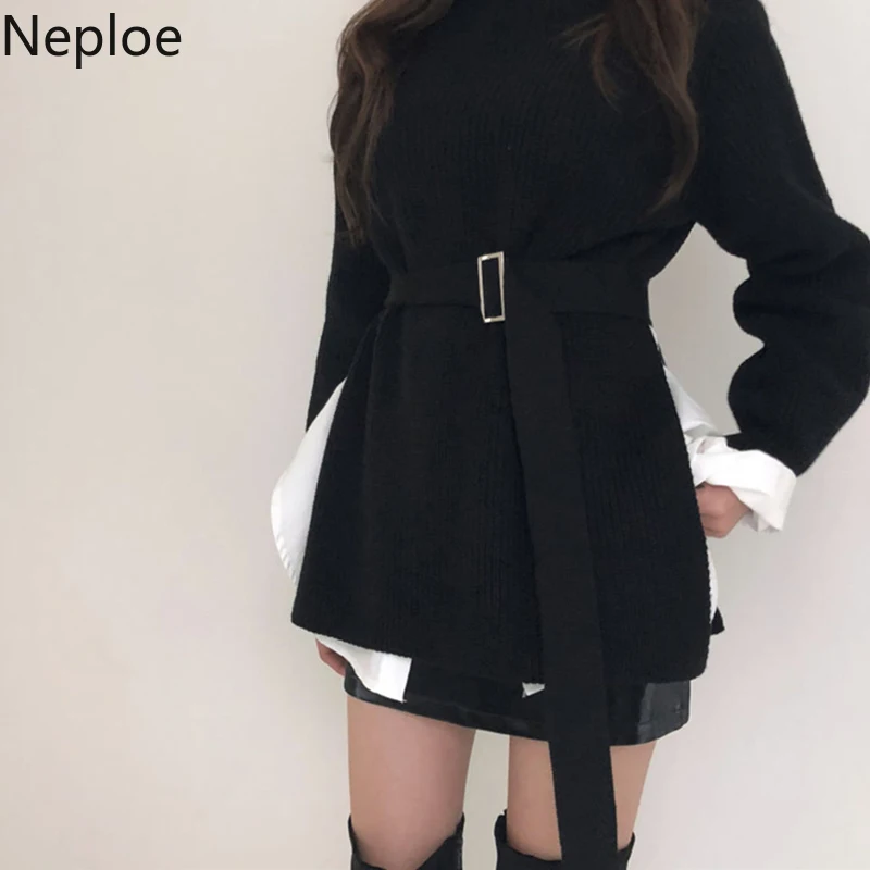 Neploe, шикарный Ретро стиль, тонкая талия, на шнуровке, для женщин, Hiver, крест сбоку, дизайн, средней длины, свитер, пуловер, однотонный, водолазка, Джерси, 47502