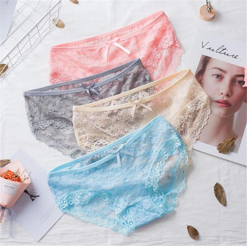 

Mesh Breathable For Ladies Panties Sexy Translucent Bowknot Openwork Lace Low-rise Briefs Underwear