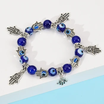 

12pcs/lot Retro Evil Eye Elastic Bracelet Charms Crystal Silver Color Fatima Hand Beaded Bracelets for Women Jewelry Gift Femme