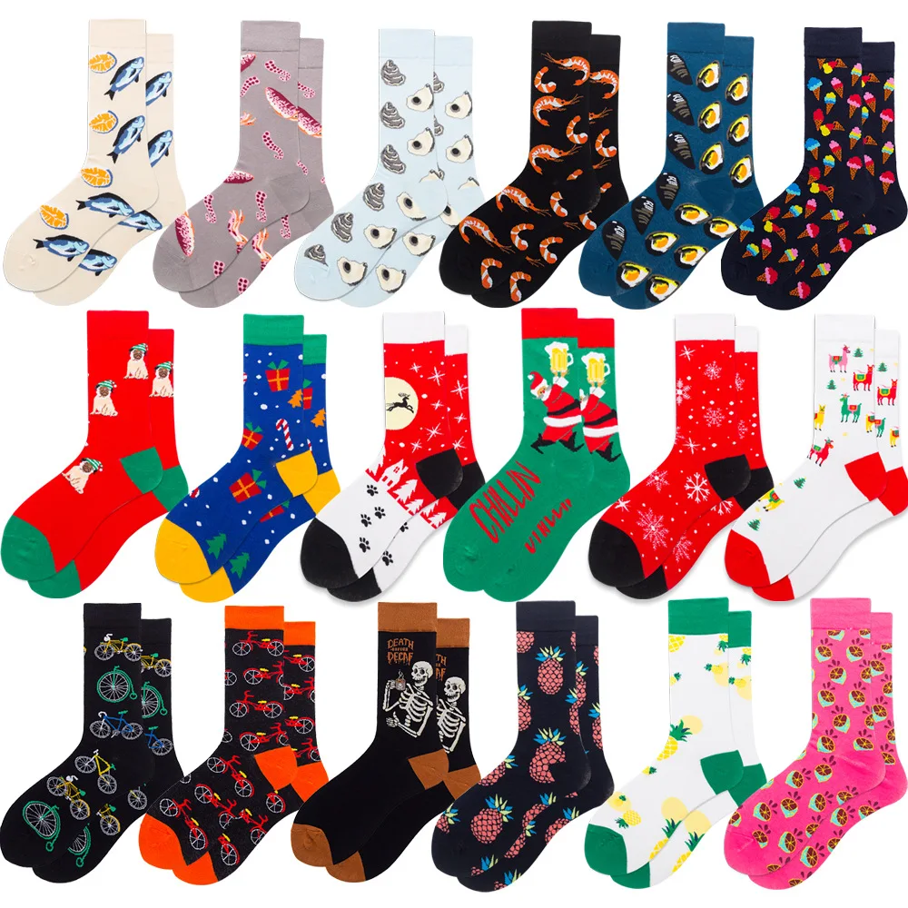 DOIAESKV Autumn Winter Christmas Socks Men Funny Skull Bicycle Snow Elk Gift Cotton Happy Socks New Year Santa Claus EU 38-46