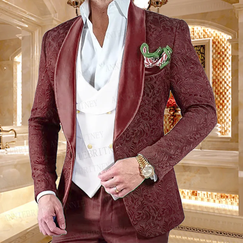 New Luxury Men Wedding Suits Pink 3 Pieces Groom Suit Dress Tuxedo Slim fit Jacquard Blazer Double Breasted Vest Pant Set
