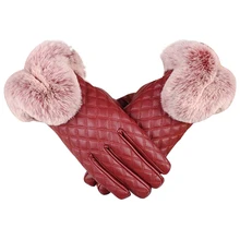 Женские зимние перчатки из натуральной овечьей кожи Настоящий мех кролика толстый теплый осенний кожаный мех женский красный