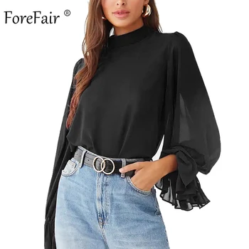 

Forefair Chiffon Lantern Sleeve Women Blouse 2020 New Office Work Turtleneck Casual Transprent Burgundy Blouse Women