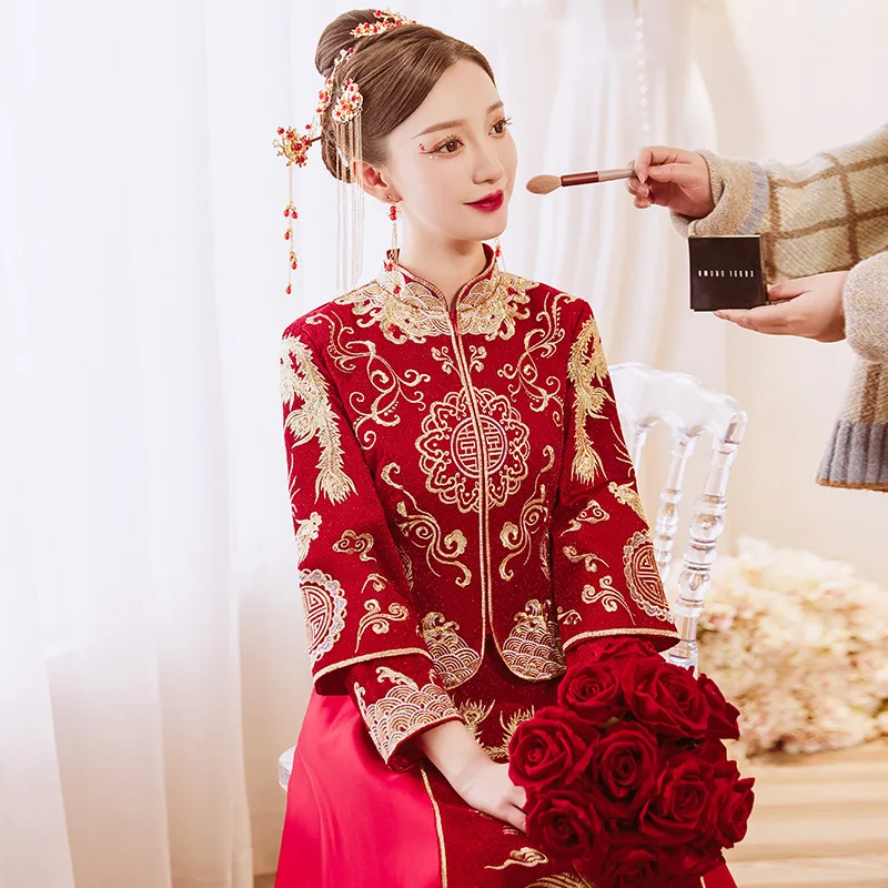 

Women Phoenix Embroidery Cheongsam Long Qipao Modern Red Chinese Traditional Wedding Dress Oriental Style Dresses