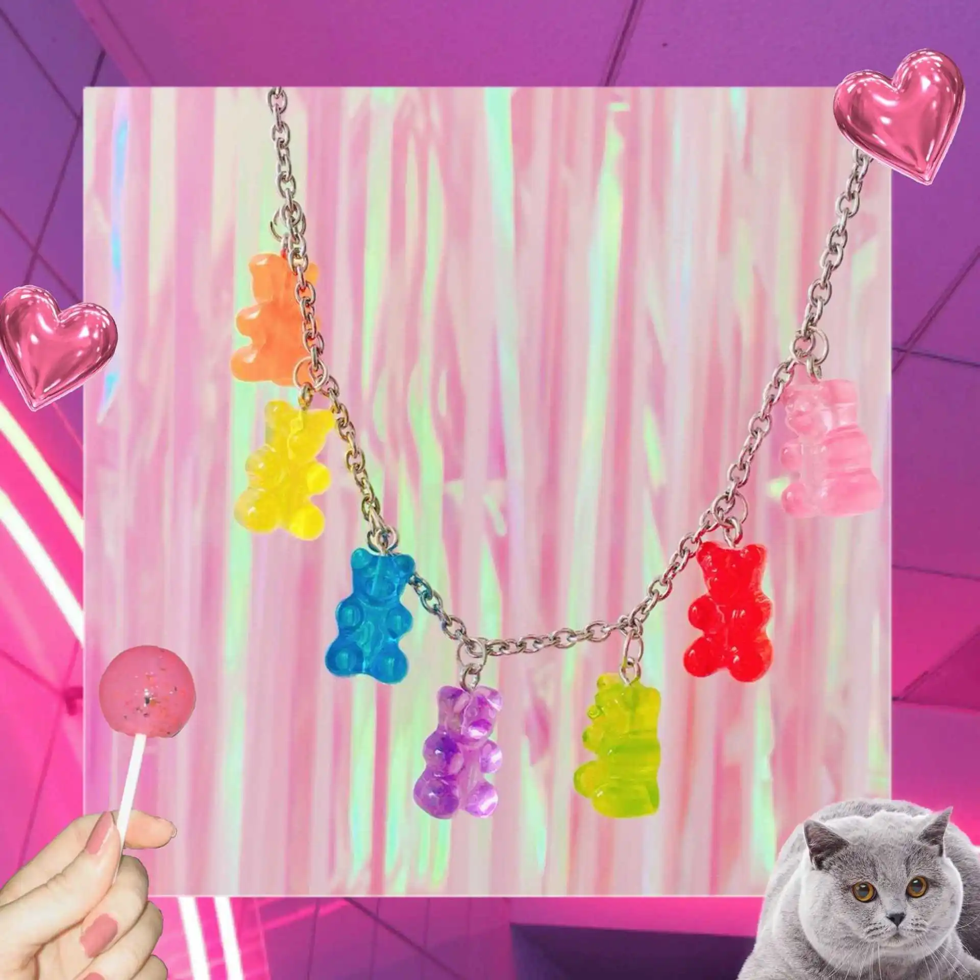 

Handmade 7 Colors Cute Judy Cartoon Bear Stainless Steel Necklace, Candy Color Pendant For Women&Girl Daily Jewelry Party Gift