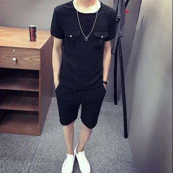 

Summer Round Neck Clothes For Men Suit Sets Pockets Solid Color Slim Fit Casual Half Pants Loose Male Fashion Wear Tracksuit Set