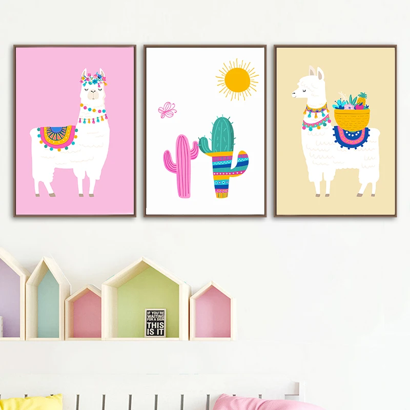 Llama Cactus Canvas Print Nursery Wall Decor