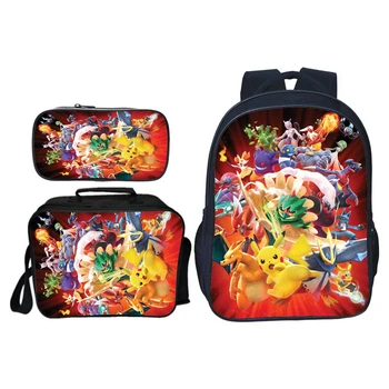 

3PCS/Set Mochila pokemon Pikachu Pouch 3D Printing Casual School Bags For Teenage Girls Bookbag