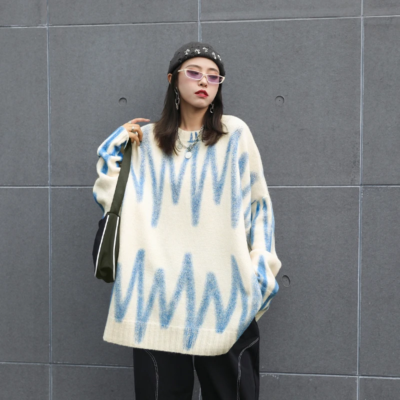 [EAM] Pattern Big Size Knitting Sweater Loose Fit