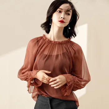 

Ladies summer thin long sleeve chiffon solid color pullover