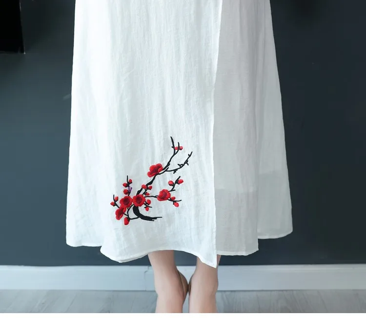 Осеннее винтажное улучшенное шелковое льняное платье Cheongsam с вышивкой в китайском стиле женское платье с длинными рукавами