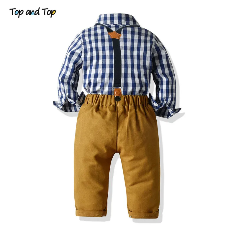 Top and Top Boys Clothing Sets Springs Autumn New Kids Boys Long Sleeve Plaid Bowtie Tops+Suspender Pants Casual Clothes Outfit 2