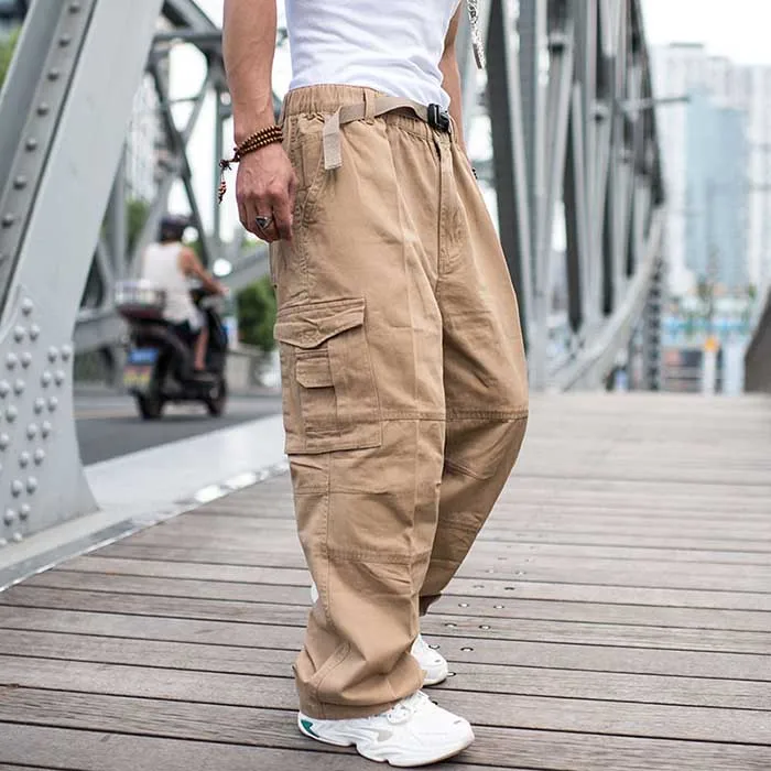 Trendy Loose Baggy Cargo Pants Men Casual Hiphop Harem Cotton Straight Trousers Wide Leg Plus Size Streetwear Clothing genie pants