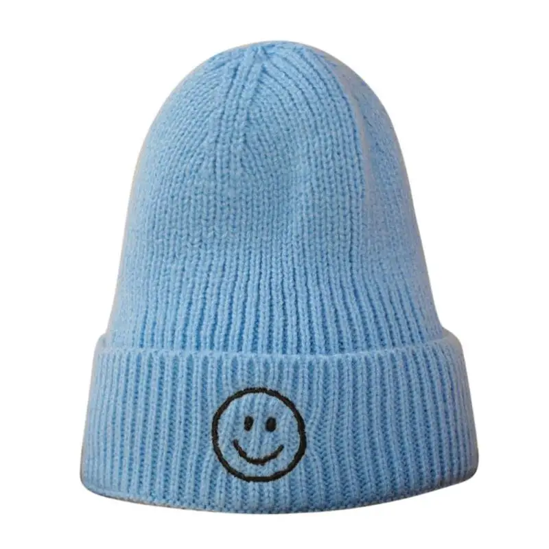 Blue Jocstyle, карамельный цвет, детская вязаная шапка, Осень-зима, теплая шапка со смайликом, хорошая эластичность, с манжетами, детская шапка, аксессуары для головы - Цвет: Blue