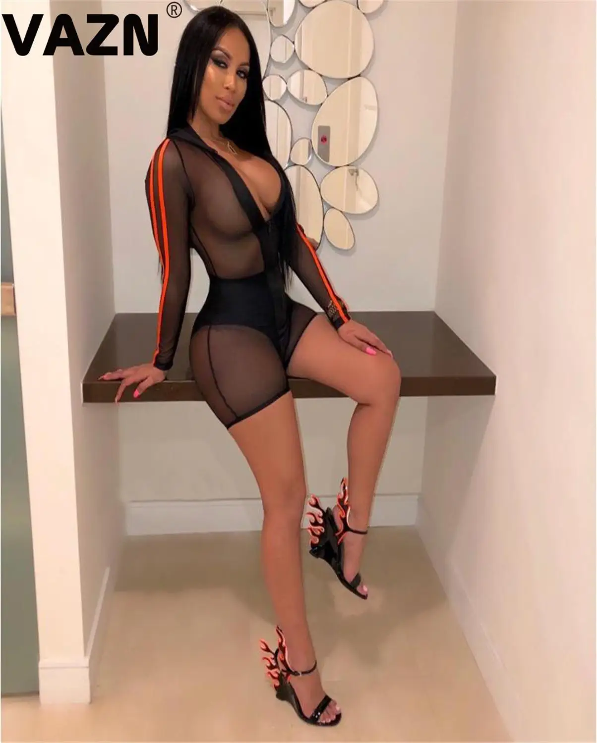 VAZN GLA 13087 дизайнерский женский однотонный комбинезон с длинным рукавом, короткие штаны, комбинезоны с глубоким v-образным вырезом, Сексуальные клубные бандажные комбинезоны